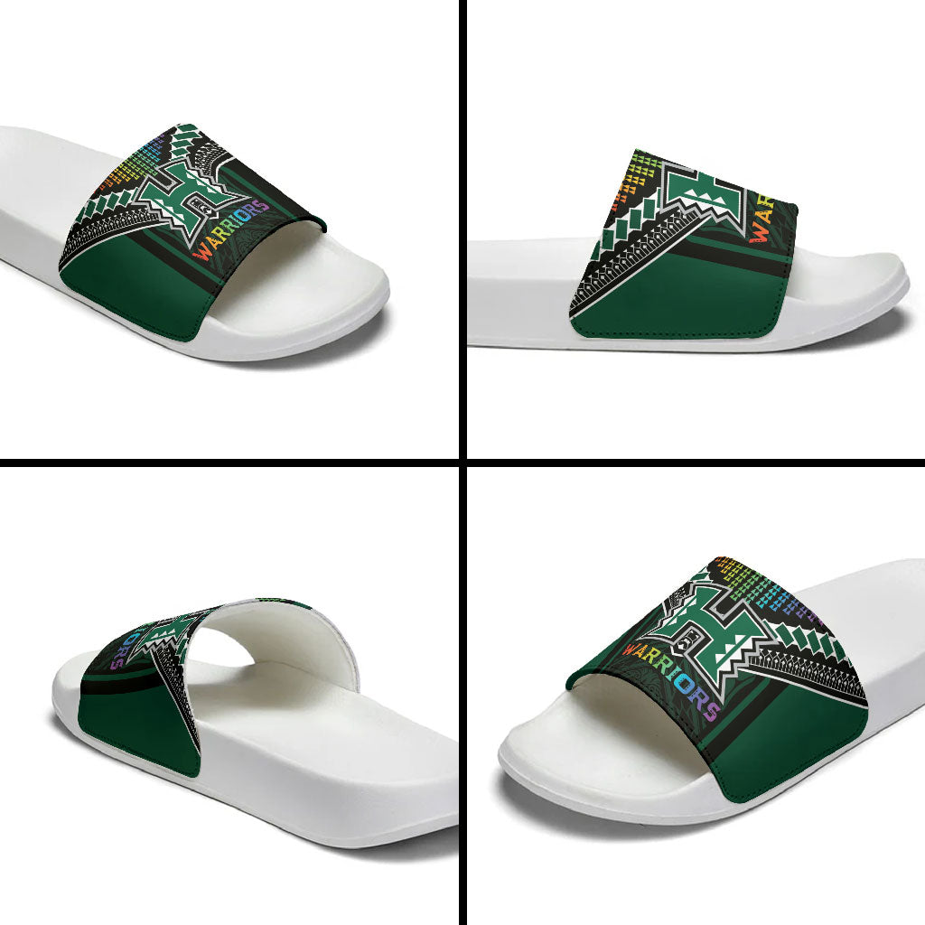 Hawaii Warriors Football Slide Sandals Rainbow Kakau Pattern Black LT05 - Polynesian Pride