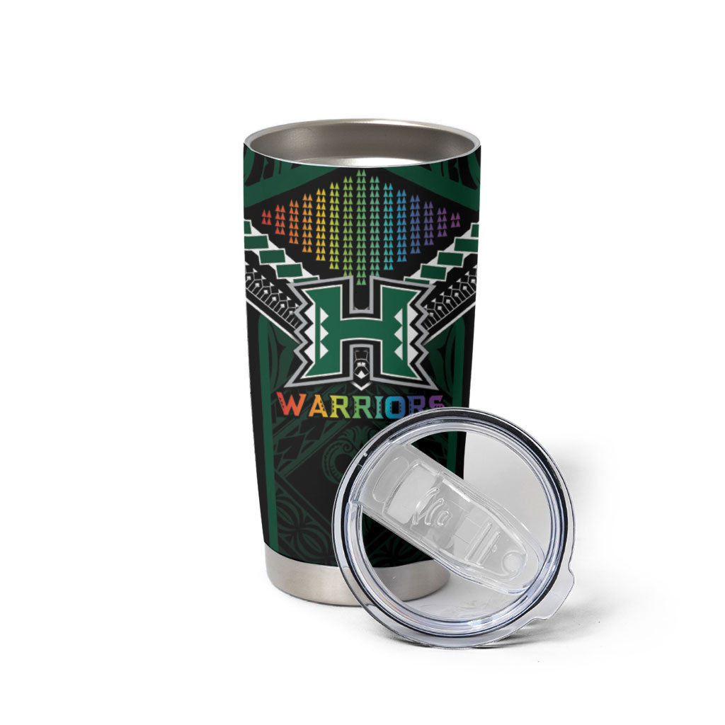 Custom Hawaii Warriors Football Tumbler Cup Rainbow Kakau Pattern Black LT05 - Polynesian Pride