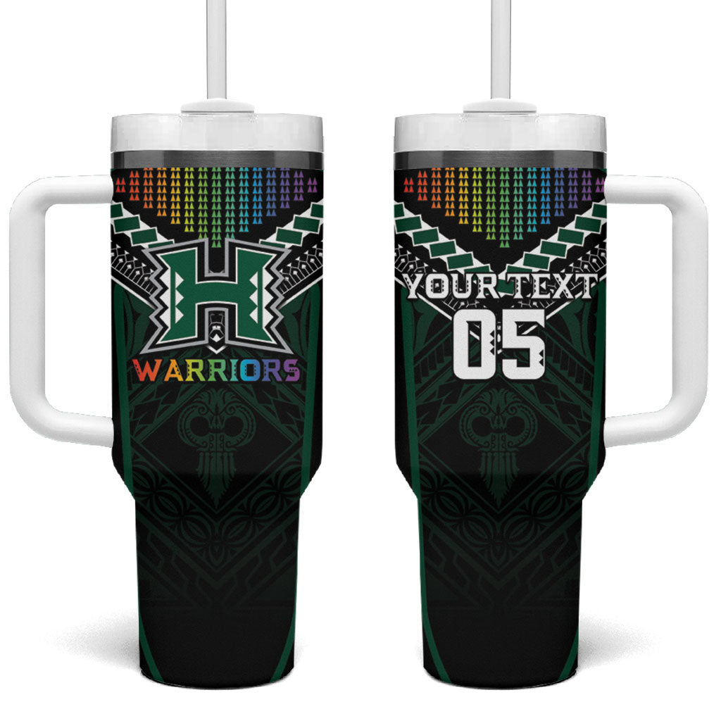 Custom Hawaii Warriors Football Tumbler With Handle Rainbow Kakau Pattern Black LT05 One Size: 40 oz Black - Polynesian Pride