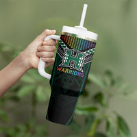 Custom Hawaii Warriors Football Tumbler With Handle Rainbow Kakau Pattern Black LT05 - Polynesian Pride