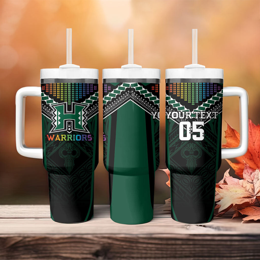 Custom Hawaii Warriors Football Tumbler With Handle Rainbow Kakau Pattern Black LT05 - Polynesian Pride