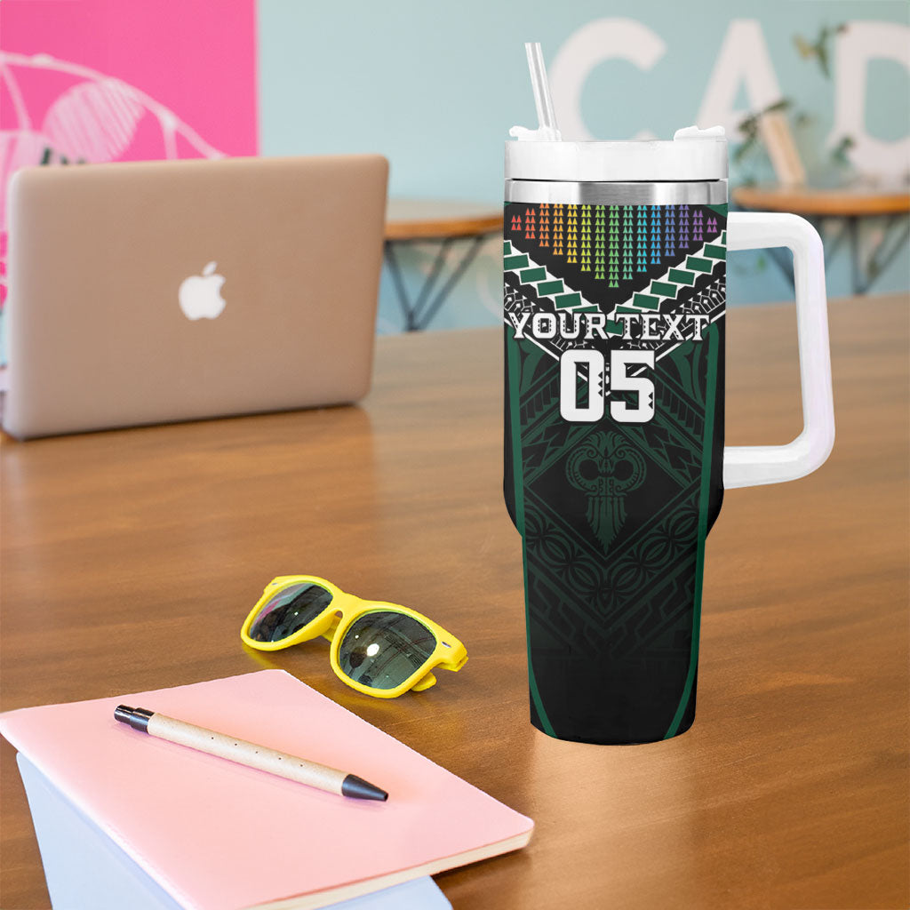 Custom Hawaii Warriors Football Tumbler With Handle Rainbow Kakau Pattern Black LT05 - Polynesian Pride