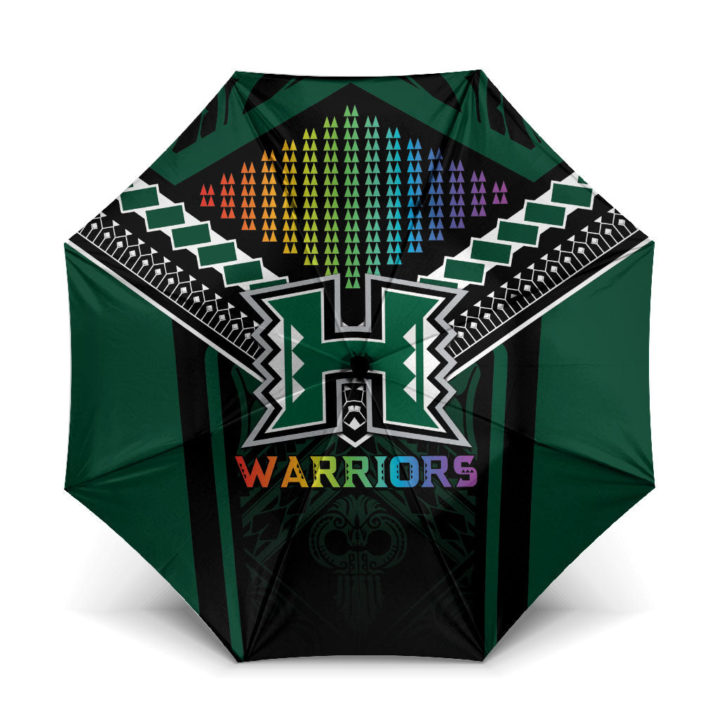 Hawaii Warriors Football Umbrella Rainbow Kakau Pattern Black LT05 One Size Folded 11.42 inch Opened Diameter 37.4 inch Black - Polynesian Pride