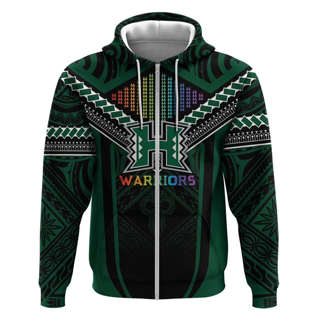 Custom Hawaii Warriors Football Zip Hoodie Rainbow Kakau Pattern Black LT05 Zip Hoodie Black - Polynesian Pride