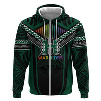 Custom Hawaii Warriors Football Zip Hoodie Rainbow Kakau Pattern Black LT05 Zip Hoodie Black - Polynesian Pride