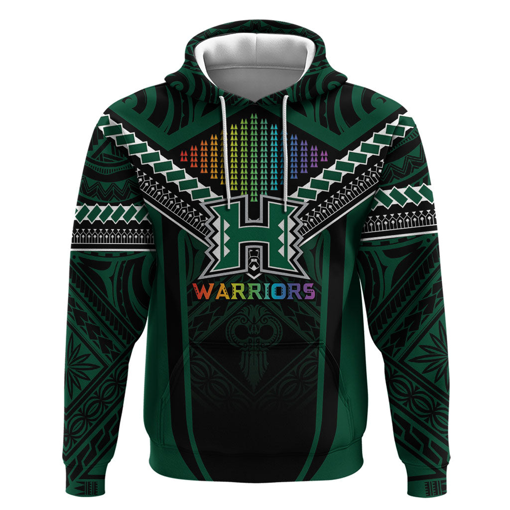 Custom Hawaii Warriors Football Zip Hoodie Rainbow Kakau Pattern Black LT05 Pullover Hoodie Black - Polynesian Pride