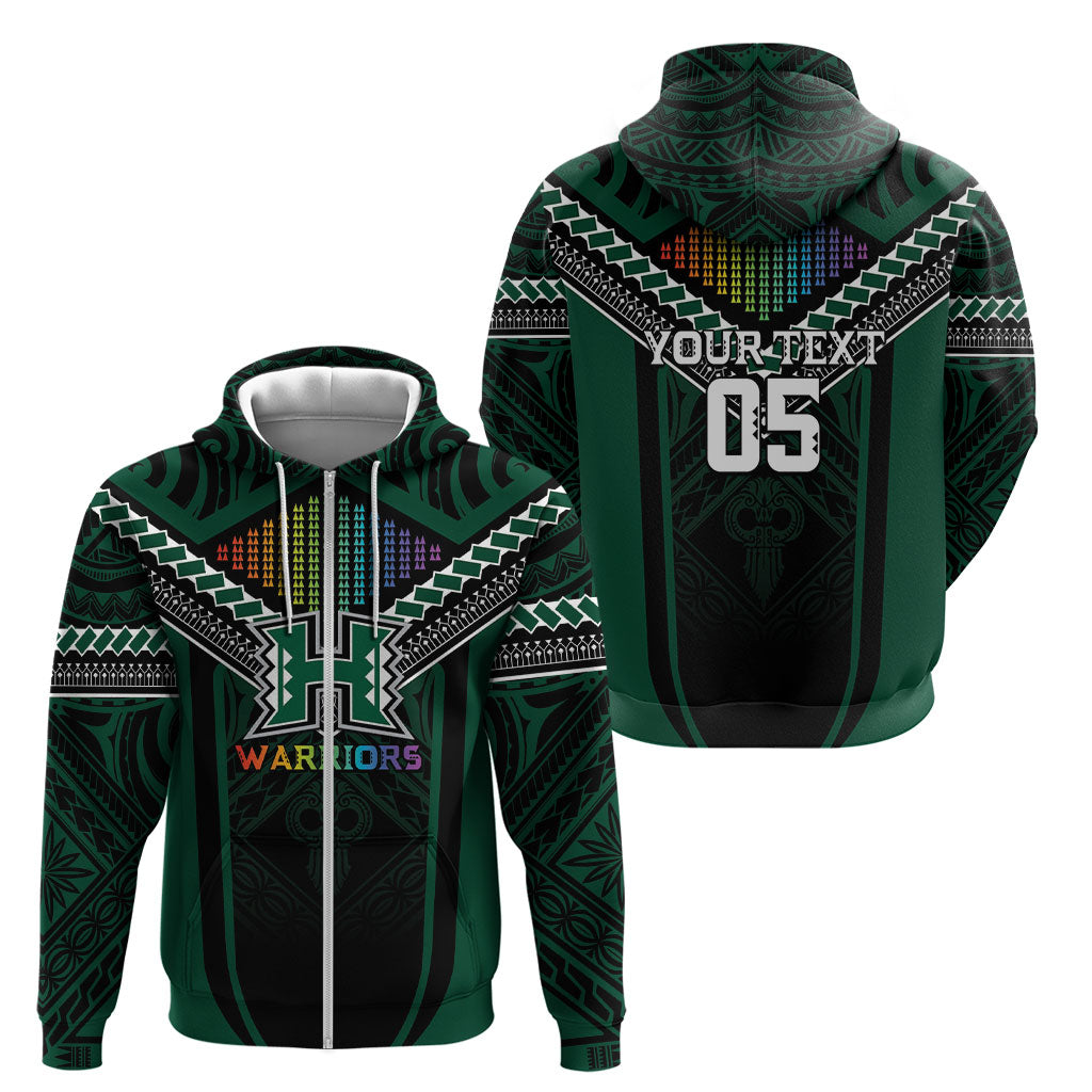 Custom Hawaii Warriors Football Zip Hoodie Rainbow Kakau Pattern Black LT05 - Polynesian Pride