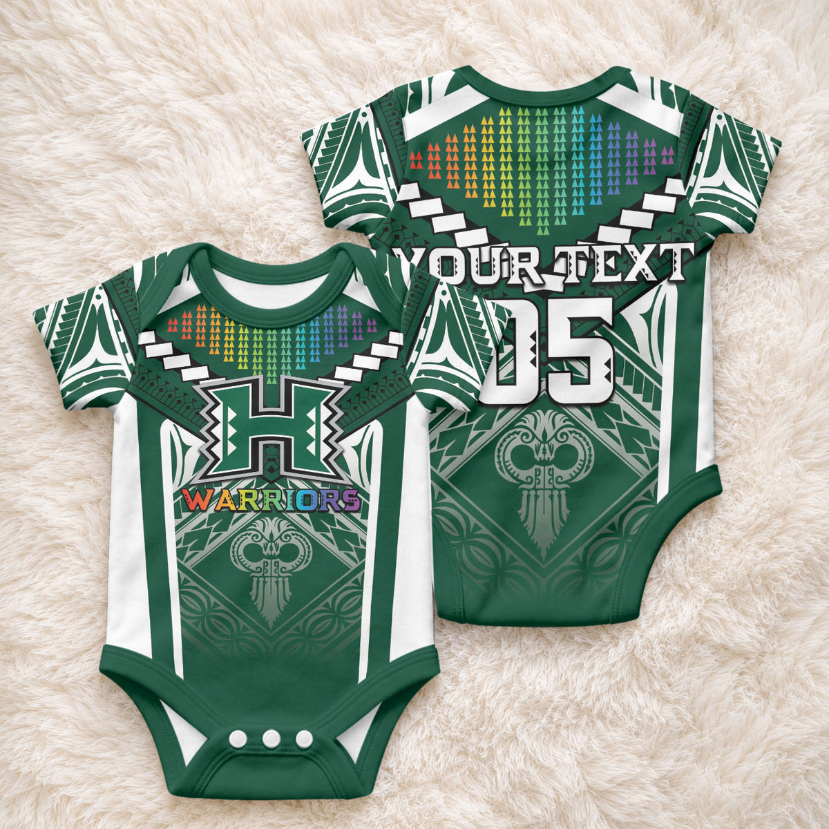 Custom Hawaii Warriors Football Baby Onesie Rainbow Kakau Pattern Green LT05 - Polynesian Pride