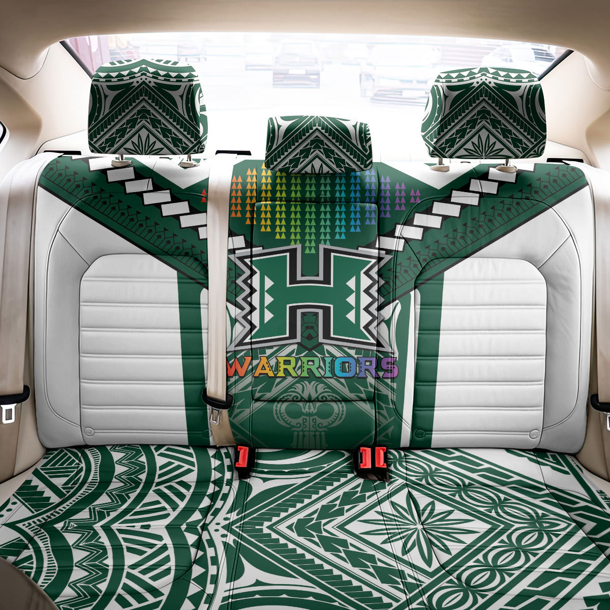 Hawaii Warriors Football Back Car Seat Cover Rainbow Kakau Pattern Green LT05 - Polynesian Pride