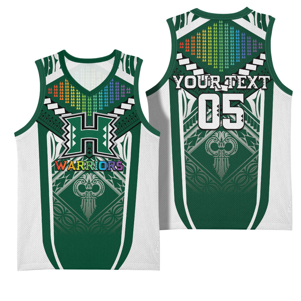 Custom Hawaii Warriors Football Basketball Jersey Rainbow Kakau Pattern Green LT05 - Polynesian Pride