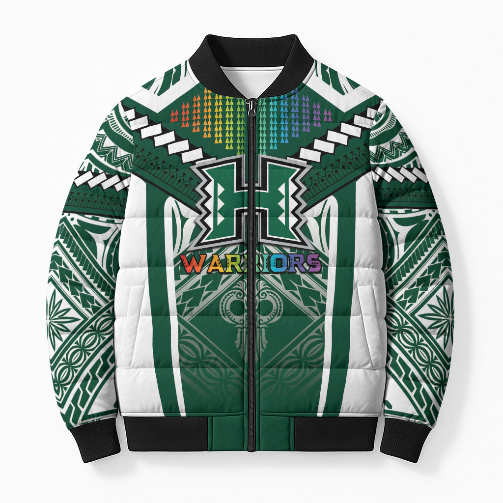 Custom Hawaii Warriors Football Bomber Puffer Jacket Rainbow Kakau Pattern Green LT05 Unisex Green - Polynesian Pride