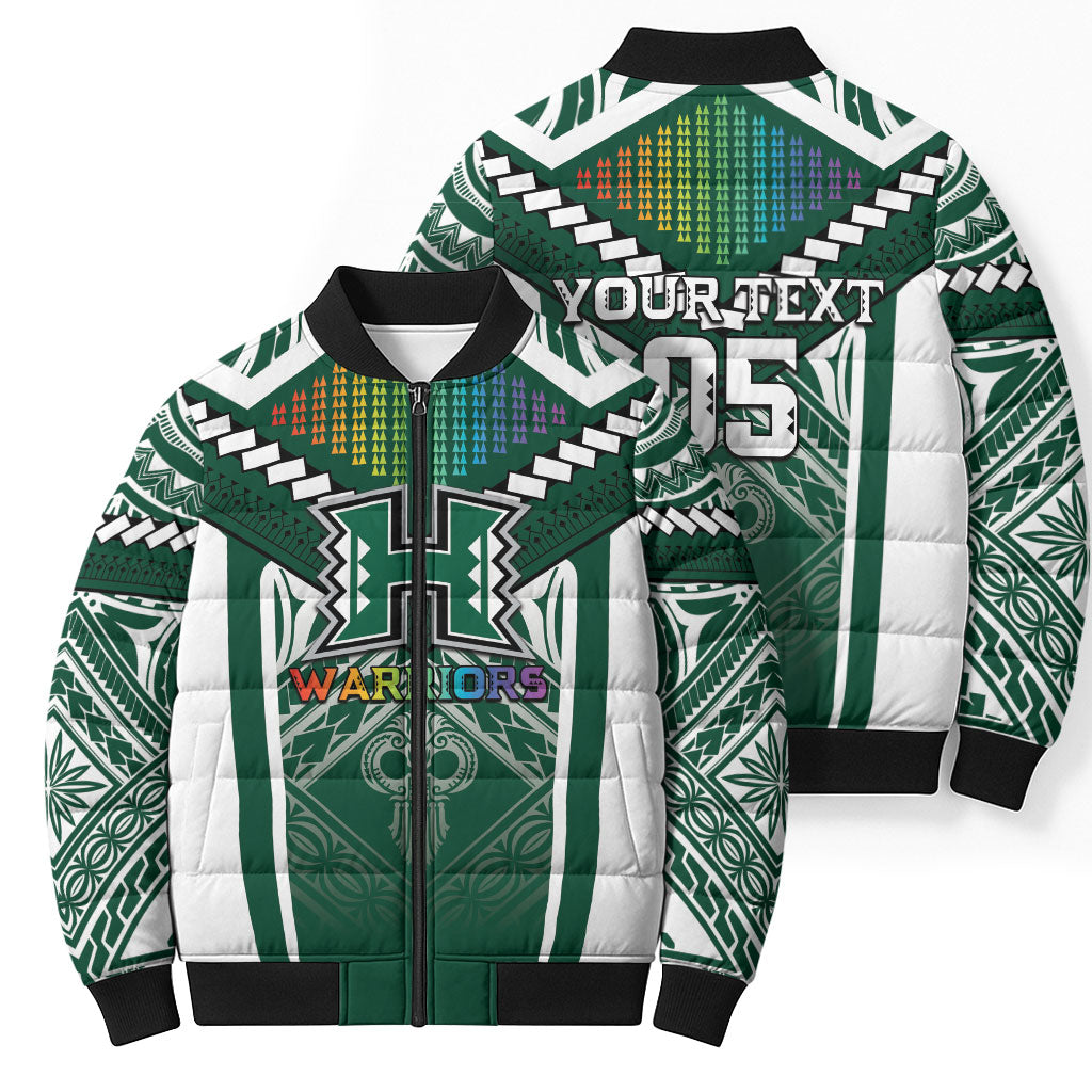 Custom Hawaii Warriors Football Bomber Puffer Jacket Rainbow Kakau Pattern Green LT05 - Polynesian Pride