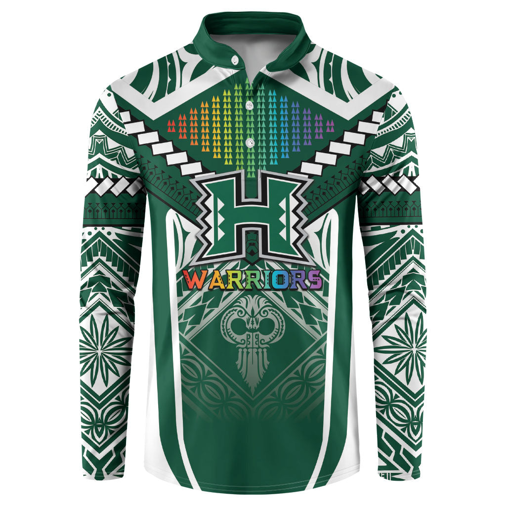 Custom Hawaii Warriors Football Button Sweatshirt Rainbow Kakau Pattern Green LT05 Green - Polynesian Pride