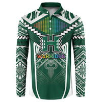 Custom Hawaii Warriors Football Button Sweatshirt Rainbow Kakau Pattern Green LT05 Green - Polynesian Pride