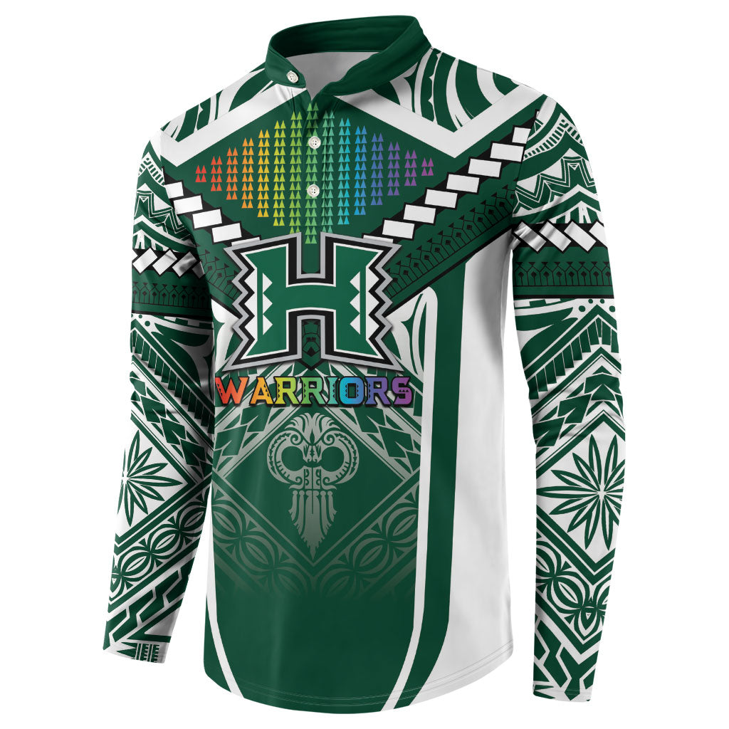 Custom Hawaii Warriors Football Button Sweatshirt Rainbow Kakau Pattern Green LT05 - Polynesian Pride