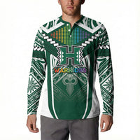 Custom Hawaii Warriors Football Button Sweatshirt Rainbow Kakau Pattern Green LT05 - Polynesian Pride