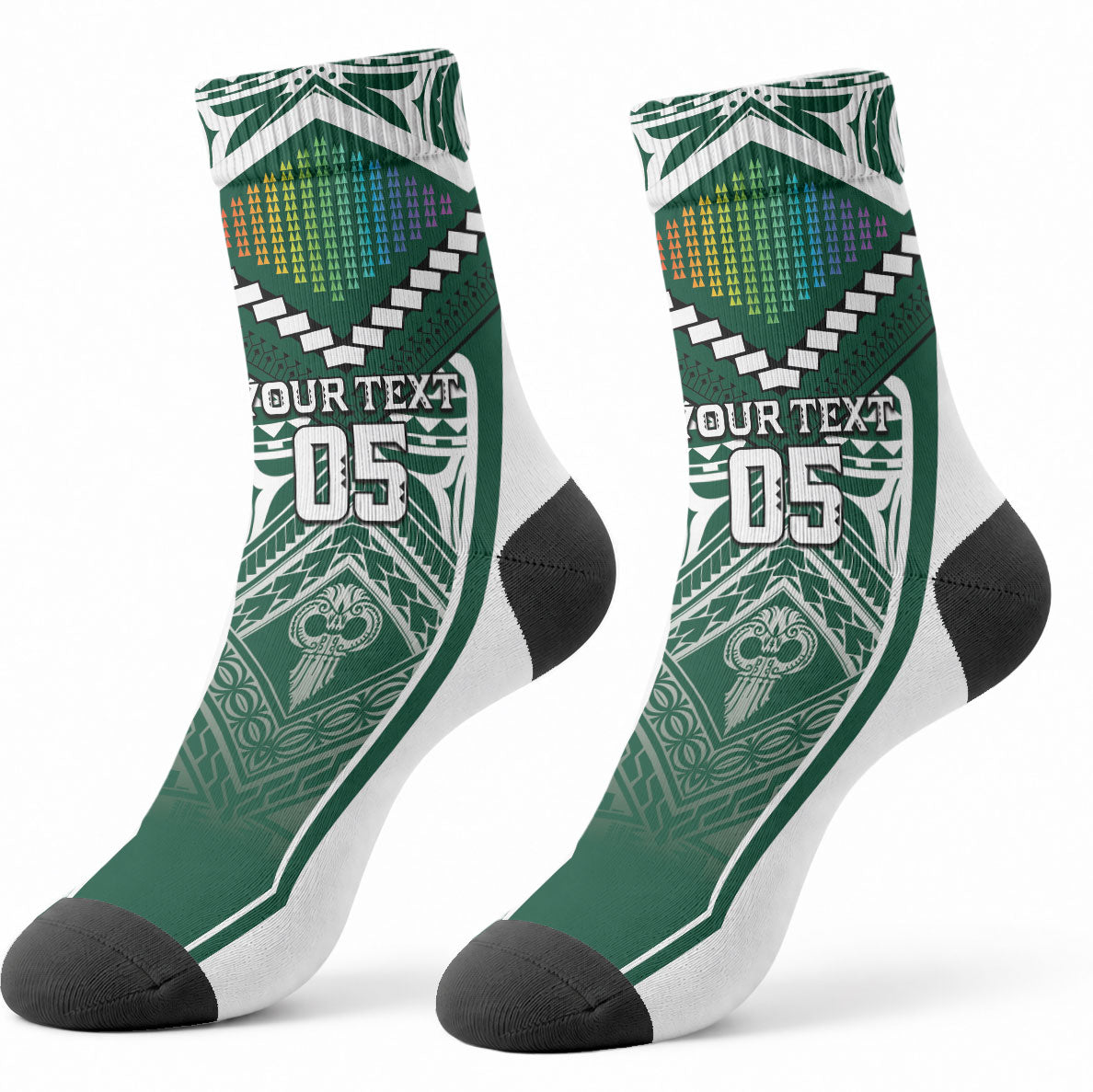 Custom Hawaii Warriors Football Crew Socks Rainbow Kakau Pattern Green LT05 - Polynesian Pride