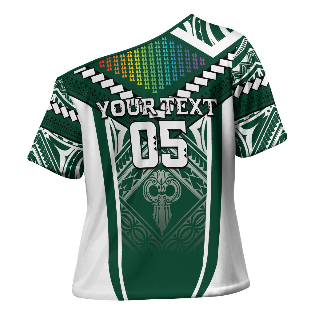 Custom Hawaii Warriors Football Cross Shoulder Shirt Rainbow Kakau Pattern Green LT05 - Polynesian Pride