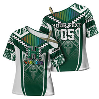 Custom Hawaii Warriors Football Cross Shoulder Shirt Rainbow Kakau Pattern Green LT05 - Polynesian Pride