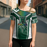 Custom Hawaii Warriors Football Cross Shoulder Shirt Rainbow Kakau Pattern Green LT05 - Polynesian Pride