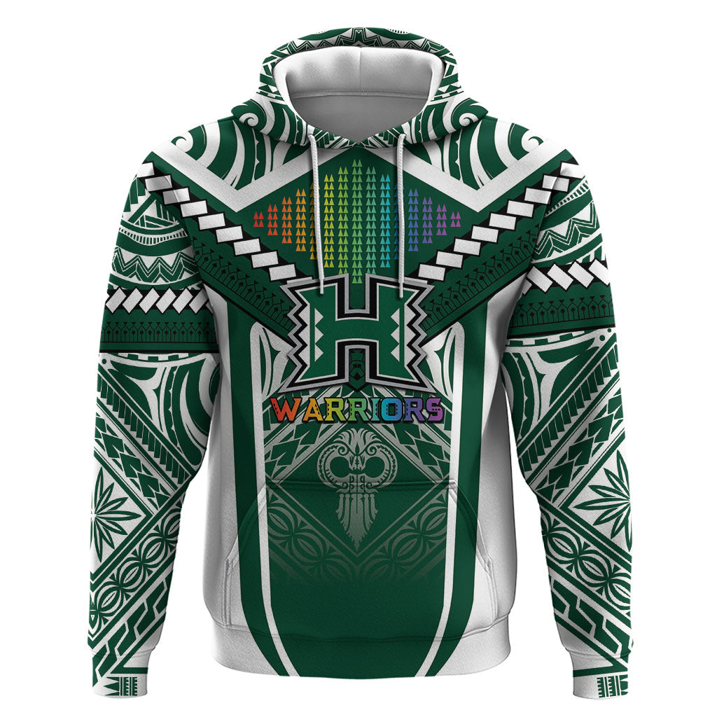 Custom Hawaii Warriors Football Hoodie Rainbow Kakau Pattern Green LT05 Pullover Hoodie Green - Polynesian Pride