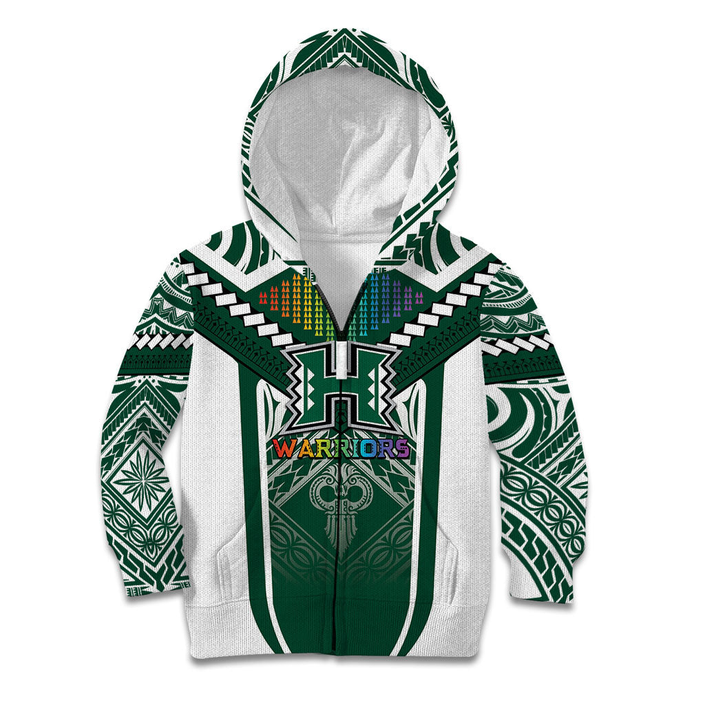 Custom Hawaii Warriors Football Kid Hoodie Rainbow Kakau Pattern Green LT05 Zip Hoodie Green - Polynesian Pride