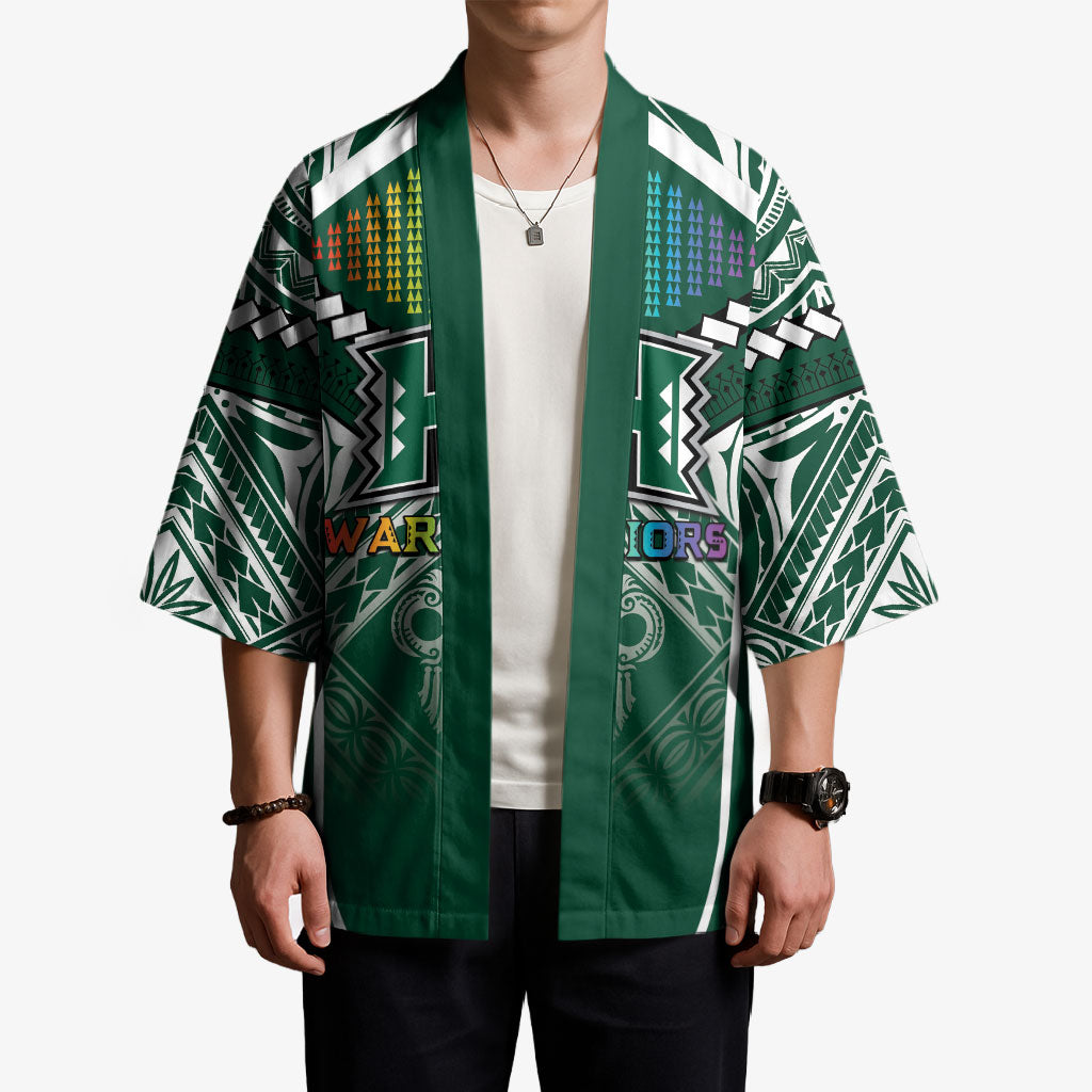 Custom Hawaii Warriors Football Kimono Rainbow Kakau Pattern Green LT05 - Polynesian Pride
