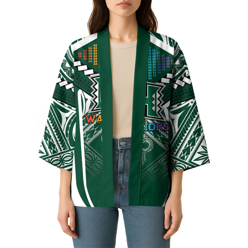 Custom Hawaii Warriors Football Kimono Rainbow Kakau Pattern Green LT05 - Polynesian Pride
