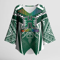 Custom Hawaii Warriors Football Kimono Sleeve Blouse Rainbow Kakau Pattern Green LT05 Female Green - Polynesian Pride