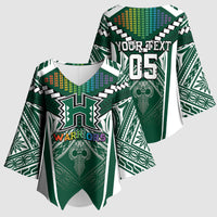 Custom Hawaii Warriors Football Kimono Sleeve Blouse Rainbow Kakau Pattern Green LT05 - Polynesian Pride