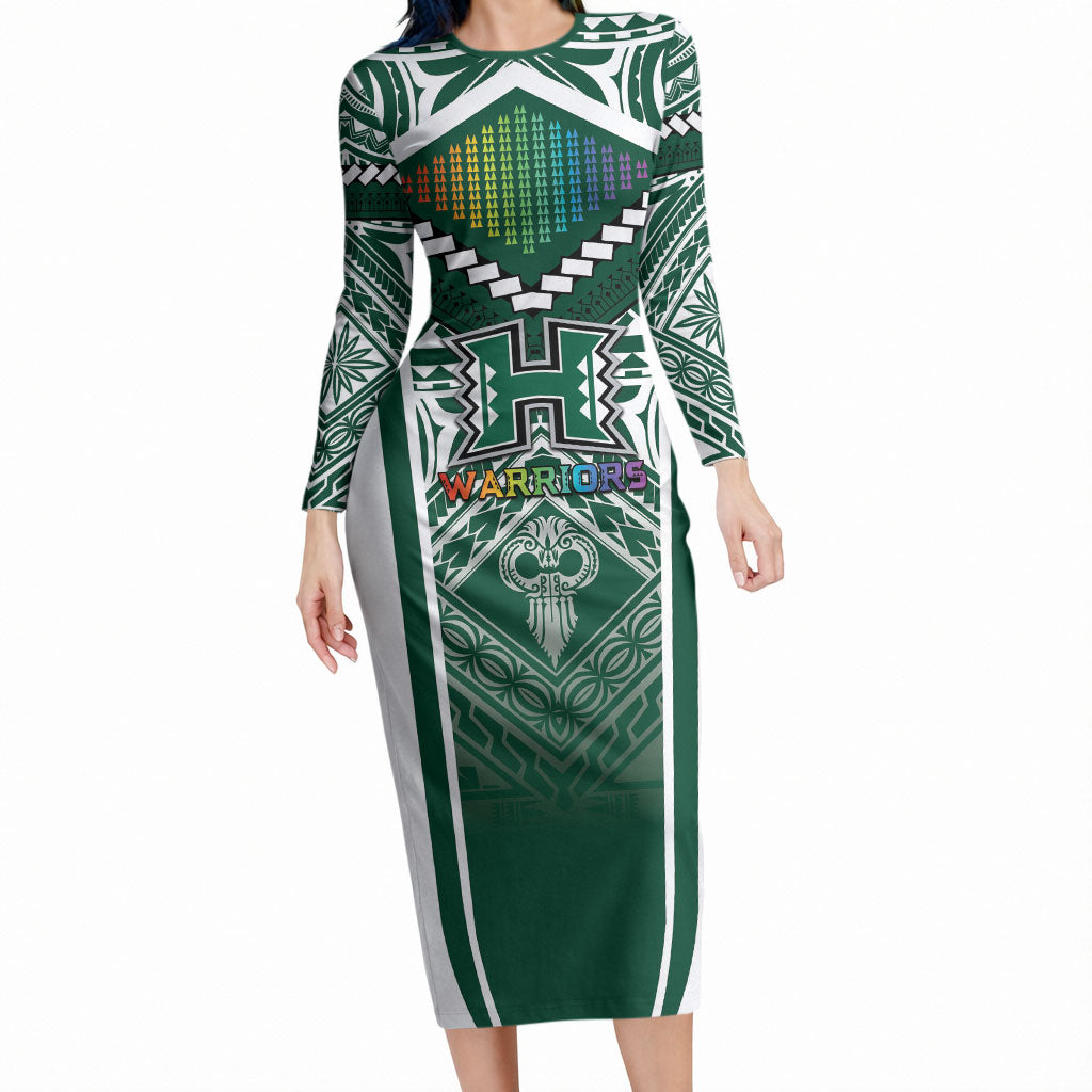 Custom Hawaii Warriors Football Long Sleeve Bodycon Dress Rainbow Kakau Pattern Green LT05 Long Dress Green - Polynesian Pride