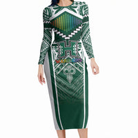 Custom Hawaii Warriors Football Long Sleeve Bodycon Dress Rainbow Kakau Pattern Green LT05 Long Dress Green - Polynesian Pride