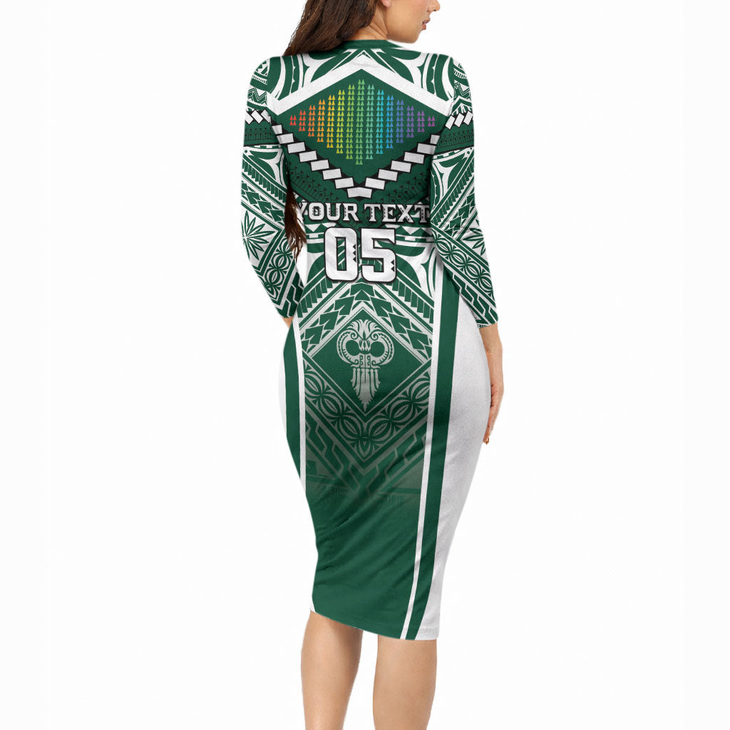 Custom Hawaii Warriors Football Long Sleeve Bodycon Dress Rainbow Kakau Pattern Green LT05 - Polynesian Pride