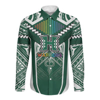 Custom Hawaii Warriors Football Long Sleeve Button Shirt Rainbow Kakau Pattern Green LT05 Unisex Green - Polynesian Pride