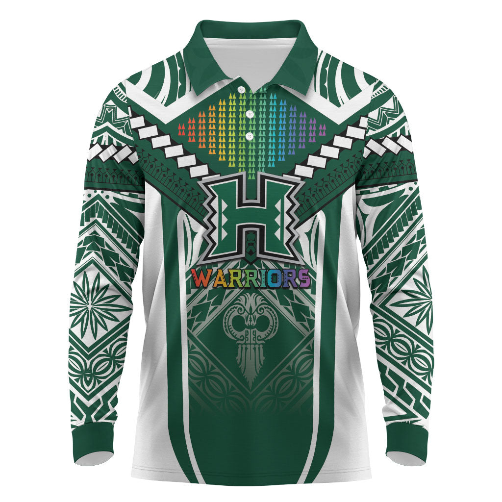 Custom Hawaii Warriors Football Long Sleeve Polo Shirt Rainbow Kakau Pattern Green LT05 Green - Polynesian Pride