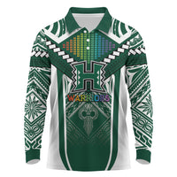 Custom Hawaii Warriors Football Long Sleeve Polo Shirt Rainbow Kakau Pattern Green LT05 Green - Polynesian Pride