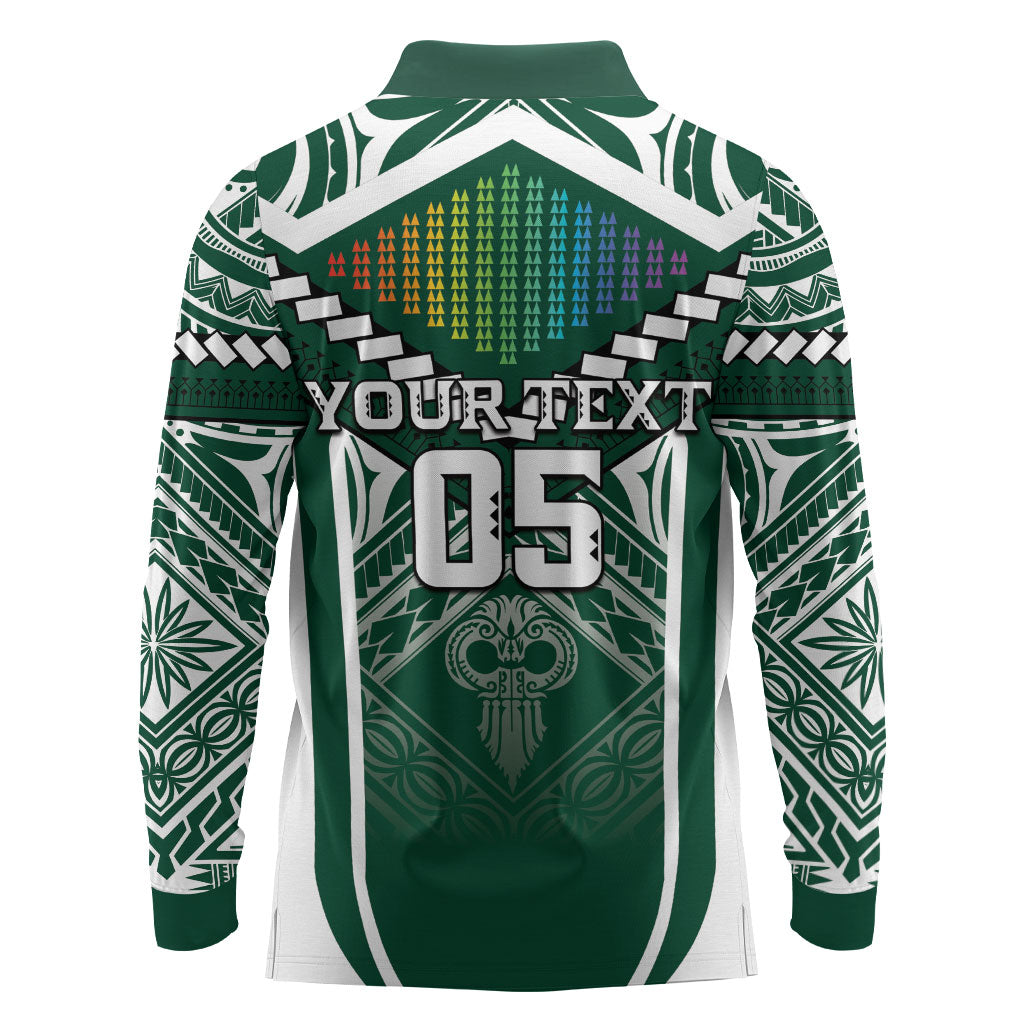 Custom Hawaii Warriors Football Long Sleeve Polo Shirt Rainbow Kakau Pattern Green LT05 - Polynesian Pride