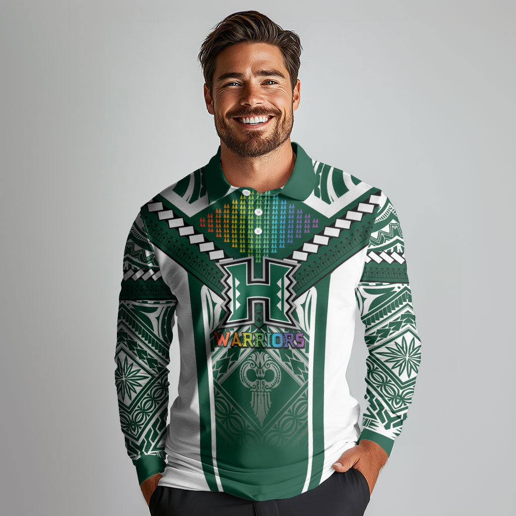 Custom Hawaii Warriors Football Long Sleeve Polo Shirt Rainbow Kakau Pattern Green LT05 - Polynesian Pride