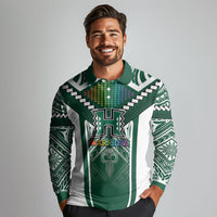 Custom Hawaii Warriors Football Long Sleeve Polo Shirt Rainbow Kakau Pattern Green LT05 - Polynesian Pride