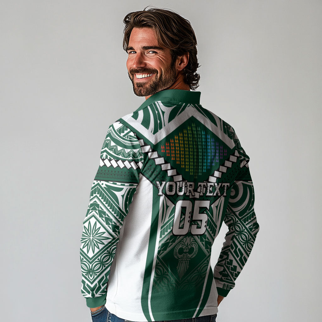 Custom Hawaii Warriors Football Long Sleeve Polo Shirt Rainbow Kakau Pattern Green LT05 - Polynesian Pride