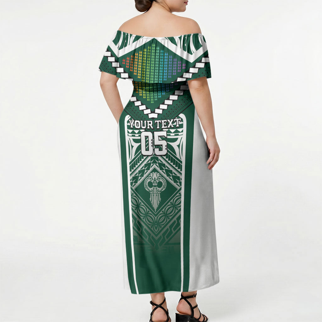 Custom Hawaii Warriors Football Off Shoulder Maxi Dress Rainbow Kakau Pattern Green LT05 - Polynesian Pride