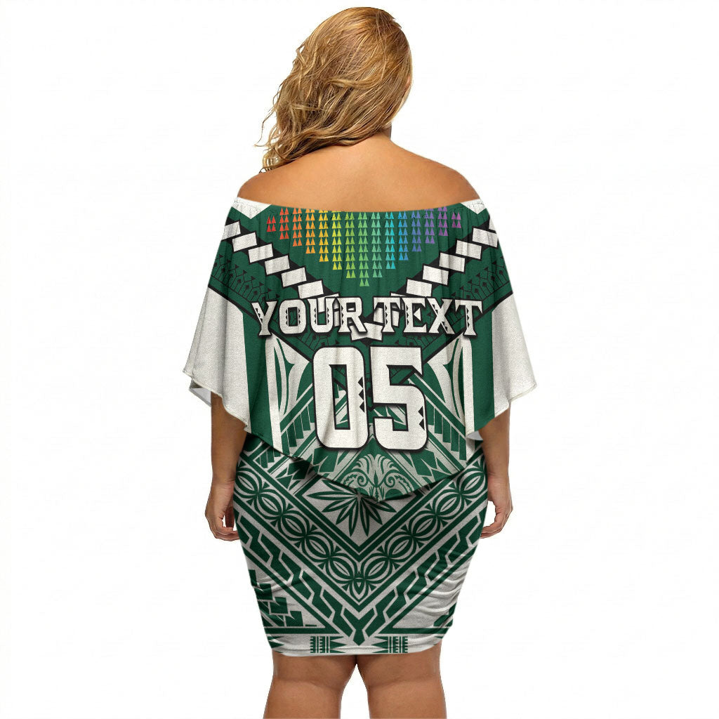 Custom Hawaii Warriors Football Off Shoulder Short Dress Rainbow Kakau Pattern Green LT05 - Polynesian Pride