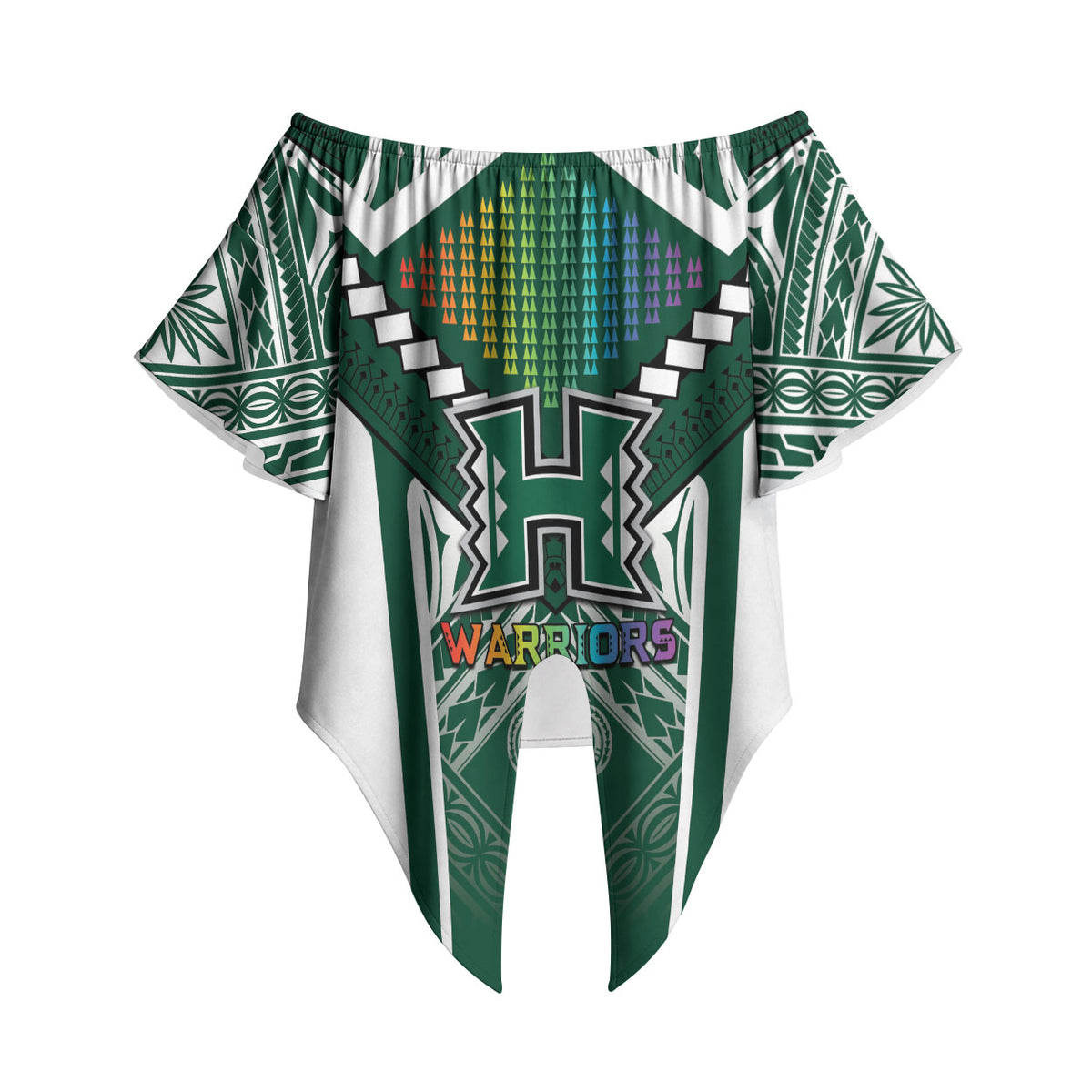 Custom Hawaii Warriors Football Off Shoulder Wrap Waist Top Rainbow Kakau Pattern Green LT05 - Polynesian Pride