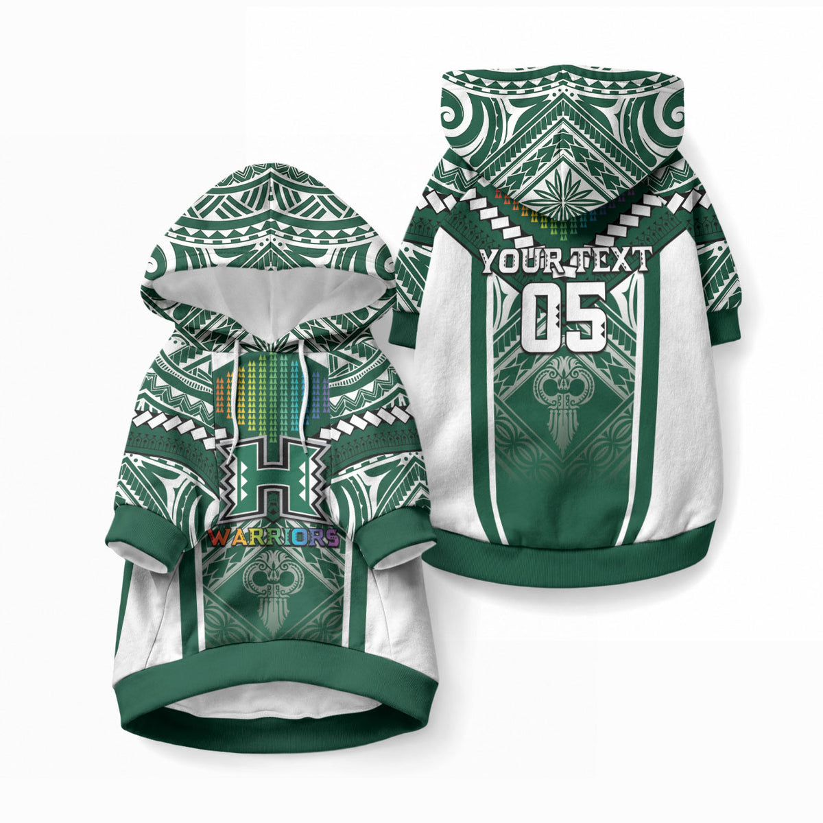Custom Hawaii Warriors Football Pet Hoodie Rainbow Kakau Pattern Green LT05 Pullover Green - Polynesian Pride