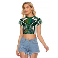 Custom Hawaii Warriors Football Raglan Cropped T Shirt Rainbow Kakau Pattern Green LT05 Female Green - Polynesian Pride