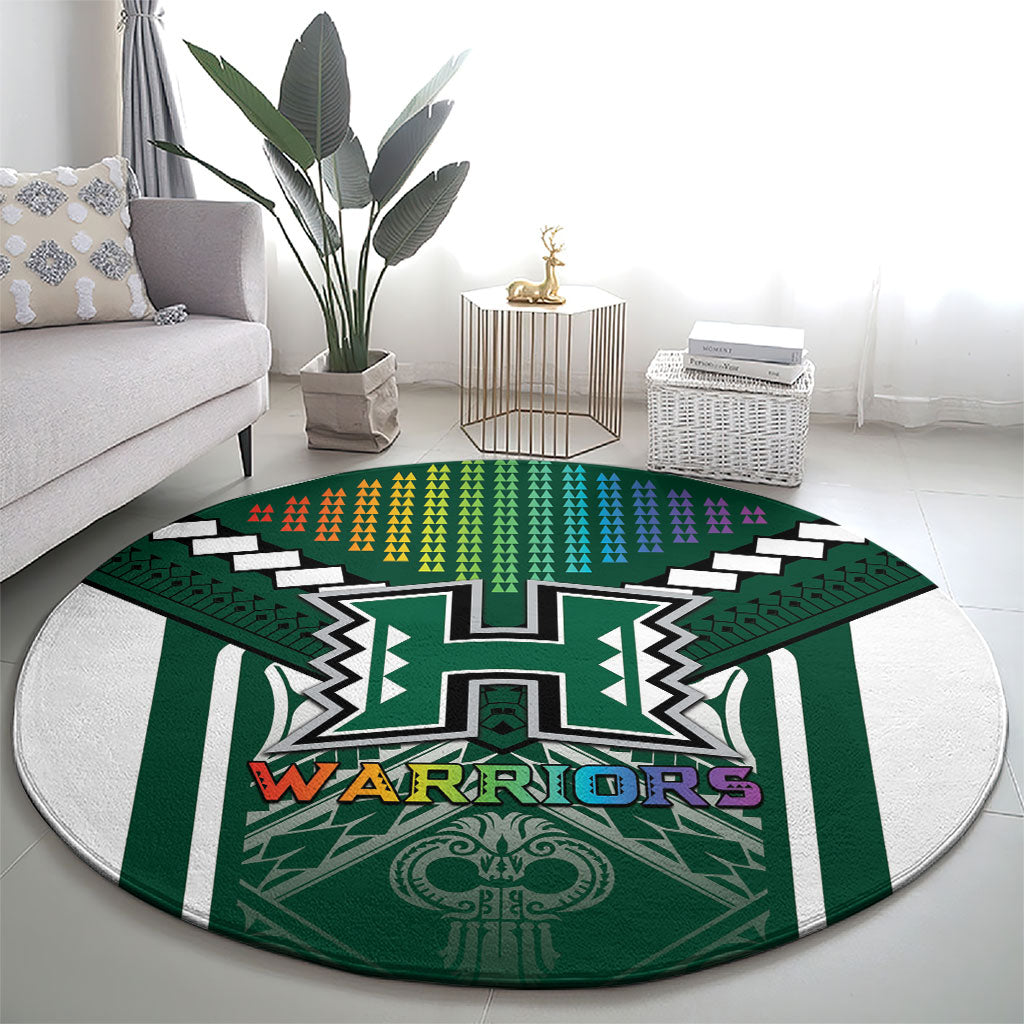 Hawaii Warriors Football Round Carpet Rainbow Kakau Pattern Green LT05 - Polynesian Pride