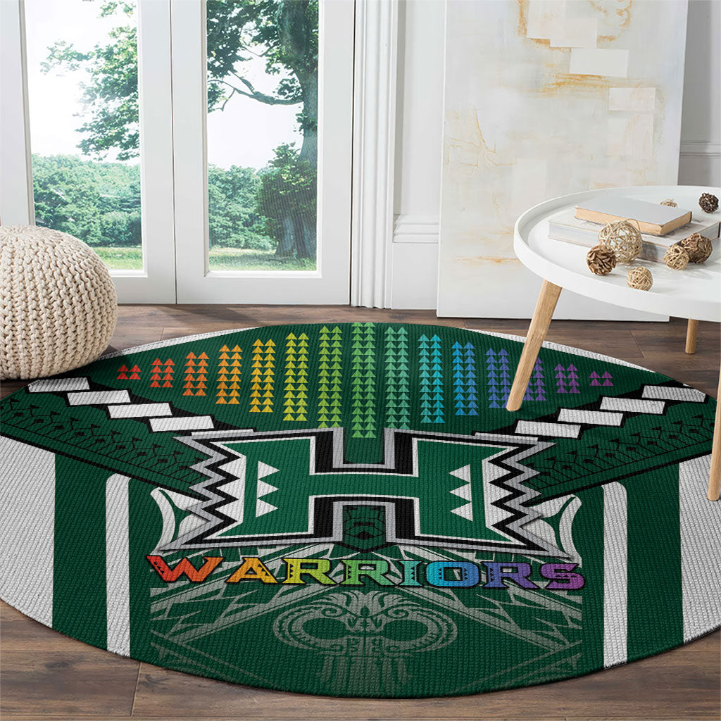 Hawaii Warriors Football Round Carpet Rainbow Kakau Pattern Green LT05 - Polynesian Pride