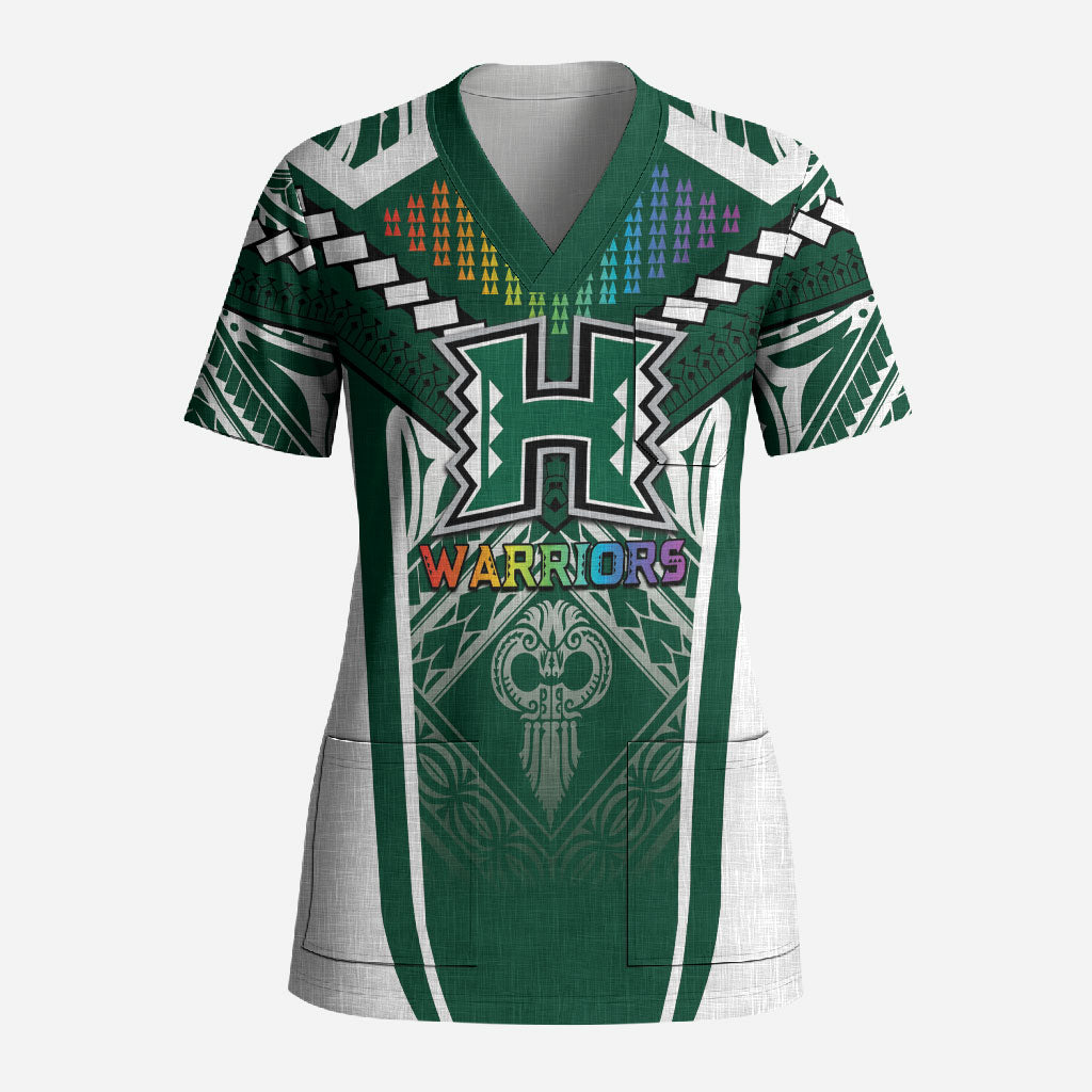 Custom Hawaii Warriors Football Scrub Top Rainbow Kakau Pattern Green LT05 Adult Green - Polynesian Pride
