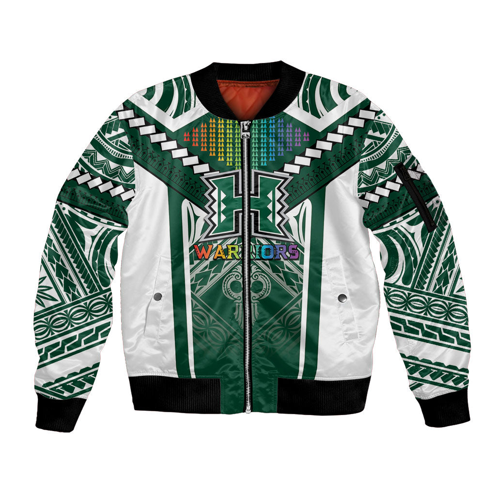 Custom Hawaii Warriors Football Sleeve Zip Bomber Jacket Rainbow Kakau Pattern Green LT05 Unisex Green - Polynesian Pride
