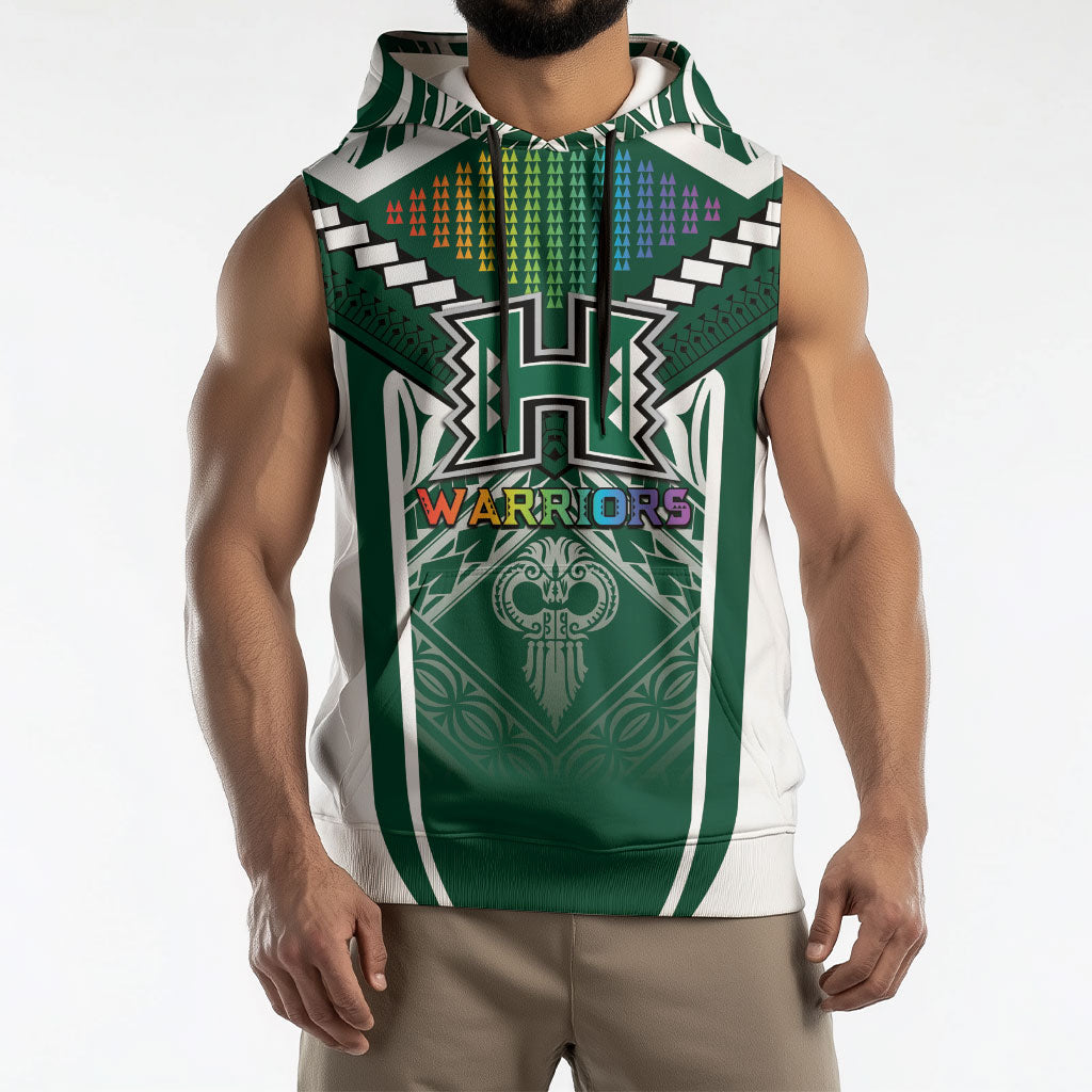 Custom Hawaii Warriors Football Sleeveless Hoodie Rainbow Kakau Pattern Green LT05 - Polynesian Pride